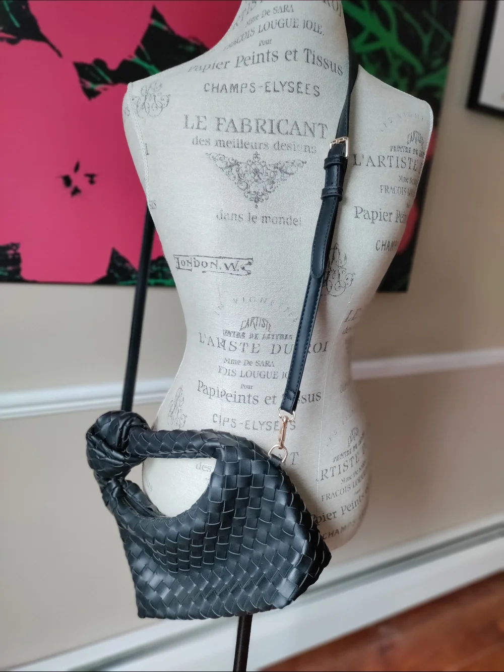 Black Woven Bottega-Style Crossbody Bag
